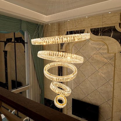 HAIXIANG 5-Rings Modern Chandelier with LED Dimmable Lights Crystal High Ceiling Chandeliers Lighting for Living Room Foyer Entryway Luxury Indoor Light Silver Fixtures