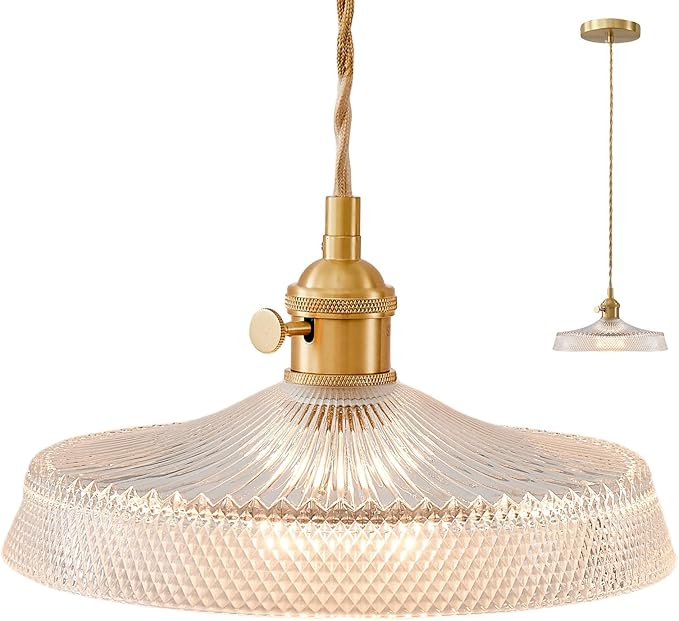 Pendant Lights Kitchen Island, 9.1 Inch Retro Glass Lampshade Hanging Lamp Industrial Braided Light Cord Hanging Lights for Living Room and Bedroom
