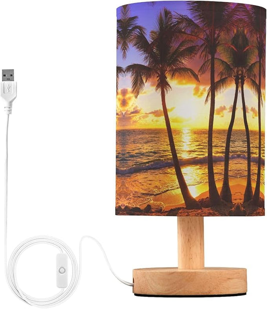 Coconut Palm Tree Sunset Ocean Tropical Island Table Lamp with Wood Base Fabric Lamp Shade Bedside Nightstand Desk Lamp for Living Room Bedroom Kids Room Office