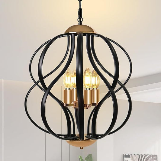 Black and Gold Chandelier for Dining Room, 4-Light Modern Farmhouse Chandelier Light Fixture, Adjustable Industrial Pendant Lights Kitchen Island, Hanging Chandeliers for Living Room Foyer