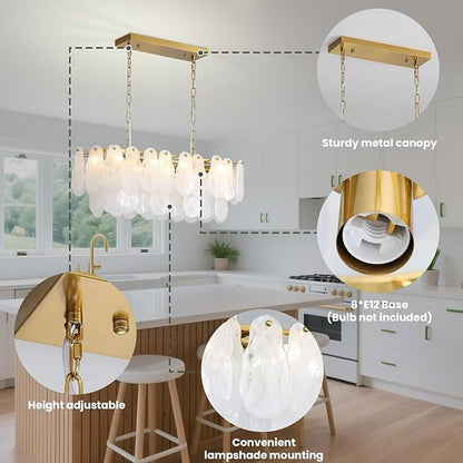 KELUOLY Modern Glass Chandelier 8-Light Rectangle Gold Brass Chandelier Luxury Oval 2-Tiers Crystal Cloud Glass Pendant Ceiling Light for Dining Room Living Room Kitchen Island L31.5'' (E12)