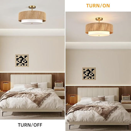 Boho Semi Flush Mount Ceiling Light Rattan Ceiling Light 18" Farmhouse Ceiling Lamp with Natural Hemp Rope Fabric Lampshade for Dining Room Living Room Bedroom Kitchen
