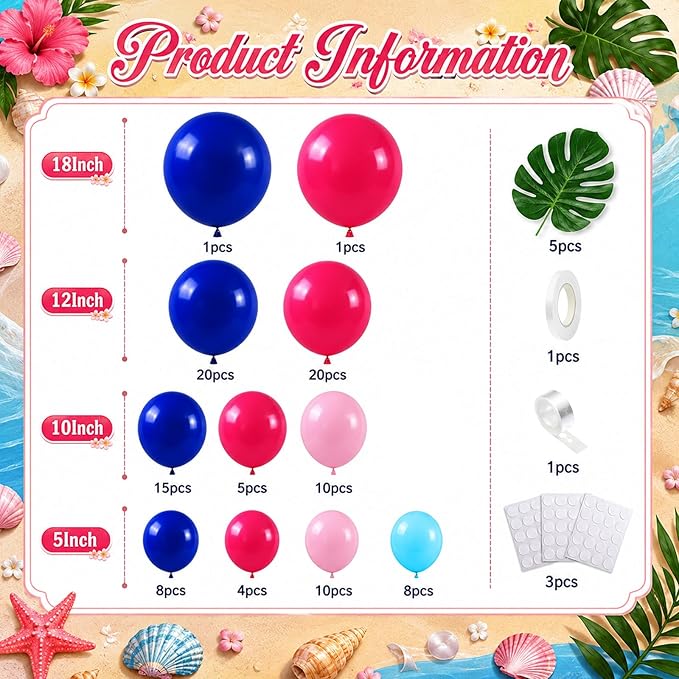 Blue Balloon Arch Kit,Royal Light Blue Hot Pink Balloons with Palm Leaves for Girl Boy Themed Birthday Party Decorations Baby Shower Graduation Summer Pool Hawaii Tropical Party Supplies