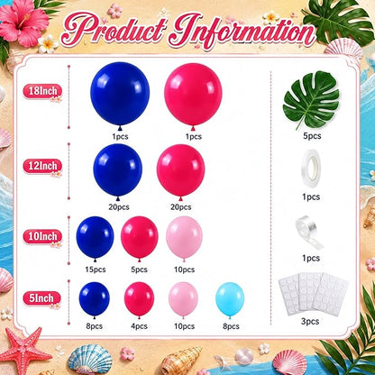 Blue Balloon Arch Kit,Royal Light Blue Hot Pink Balloons with Palm Leaves for Girl Boy Themed Birthday Party Decorations Baby Shower Graduation Summer Pool Hawaii Tropical Party Supplies