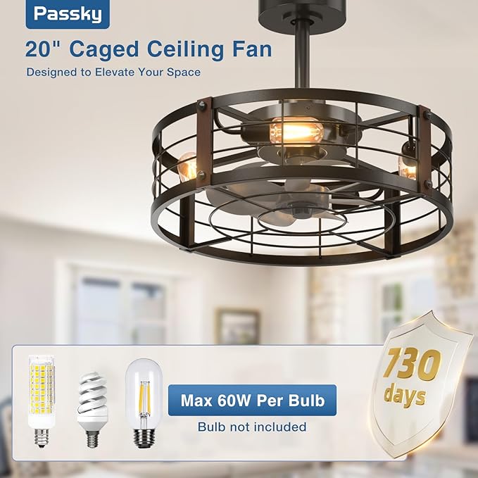 Passky 20 Inch Farmhouse Caged Ceiling Fans with Lights and Remote, Black Downrod Mount Bladeless Fandelier, 6 Speeds Bladeless Ceiling Fan Light for Bedroom, Kitchen, Living Room, Indoor