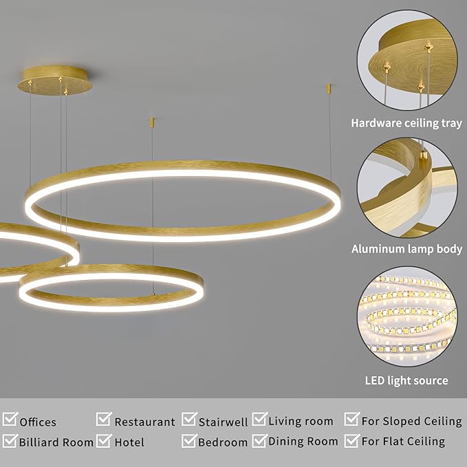 Mikeru Modern 3 Ring Chandelier Light, LED Pendant Light Fixtures with Remote Control 3000k-6500K Adjustable Color Temperature Light for Living Room, Bedroom, Kitchen（15.7+23.6+31.5IN）