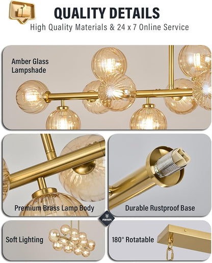 55" Long Brass Gold Chandeliers for Dining Room Kitchen Island, Large Globe Sputnik Linear Chandelier, 16 Lights Mid Century Modern Light Fixture Over Table, Amber Bubble, GC-08