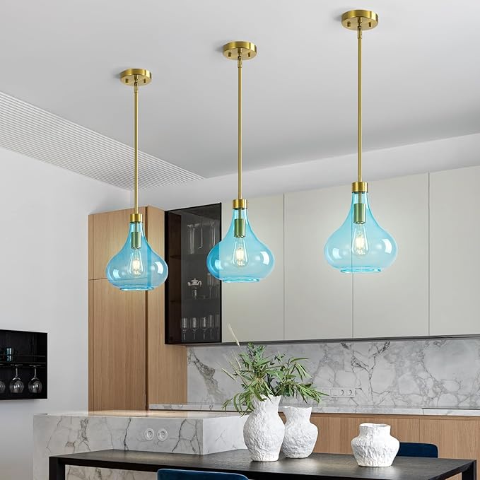 Modern Glass Pendant Light 9.44 in Light Blue Glass Shade Gold Farmhouse Island Pendant Lights for Kitchen Pendant Lighting Over Sink Bedroom Dining Room