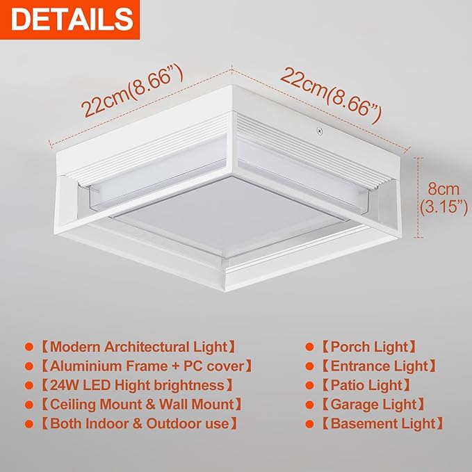 White Square Flush Mount Outdoor LED Ceiling Light Fixture, 120V 24W 3000K 9 inch Medium Overhead Porch & Patio Lights Ceiling Mounted, Waterproof Suitable for Wet Areas