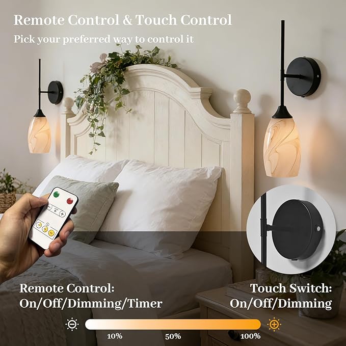 Vintage Battery Operated Wall Sconces Hand-Blown Glass , Rustic Touch & Remote Control Wall Lights Set of 2, Rechargeable 8000mAh, 3 Temperatures, Dimmable, Wireless Sconce for Bedroom Living Room