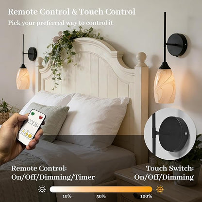 Vintage Battery Operated Wall Sconces Hand-Blown Glass , Rustic Touch & Remote Control Wall Lights Set of 2, Rechargeable 8000mAh, 3 Temperatures, Dimmable, Wireless Sconce for Bedroom Living Room