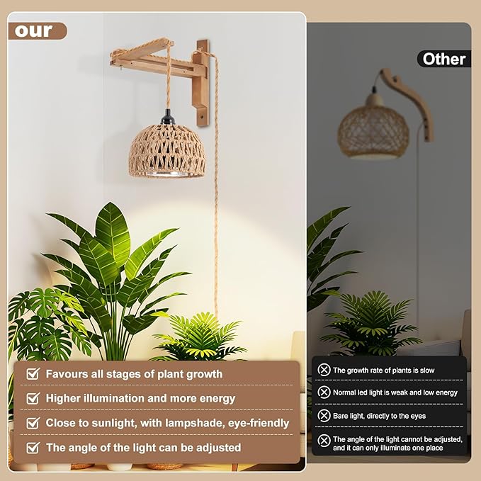 Hanging Grow Light for Indoor Plants, 30W Full Spectrum 4000K Wall-Mounted LED Plant Light with 15FT Plug-in Cord and Timer, Ideal for Tall Floor Plants & Large Houseplants