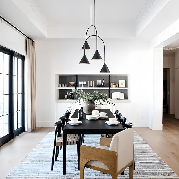 LamQee Matte Black Industrial Pendant Light Fixture, 4 Lights Large Cluster Pendant Lighting with Cone Metal Shade, Farmhouse Hanging Chandelier for Dining Room Kitchen Island Bar Entryway Staircase