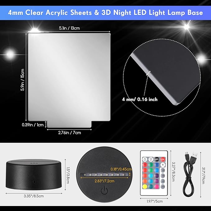Riakrum 48 Pcs/12 Sets Acrylic Night Lights Clear Acrylic Sheets and 3D Night LED Light Lamp Base with Remote Control USB Cable, DIY LED Lamp Set for Restaurant Bar Cafe Room Decor(Rectangular)