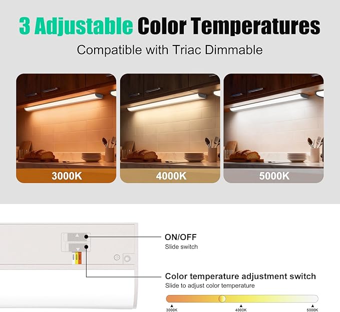 16" LED Under Cabinet Lighting, Plug-in or Hardwired Dual Installation, 3CCT Selectable 3000K/4000K/5000K, Dimmable 110V Kitchen Lights Under Cabinet, High CRI 94+ for Counter, Shelf & Pantry