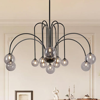 Modern Black Chandeliers Mid Century 12 Lights Sputnik Chandelier Large L52” Smoke Glass Globe Pendant Light Fixture for High Ceiling Foyer Staircase Living Dining Room