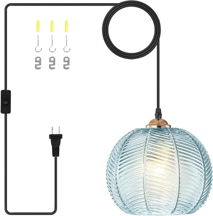 Blue Glass Plug in Pendant Light for Bathroom, Ceiling Light with 14.76ft Long Cord, Kitchen Corded Light Fixture, 8.7" Ribbed Globe, Living Room Corner Hanging Lamp that Plug into Wall Outlet