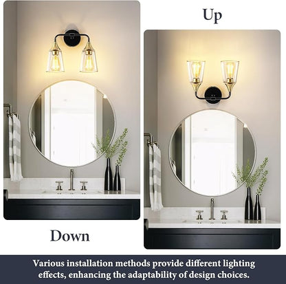 2-Light Bathroom Vanity Light, Black and Gold Bathroom Lighting Fixtures Over Mirror with Clear Glass Shades, Modern Hardwired Wall Sconce Light for Bedroom Hallway