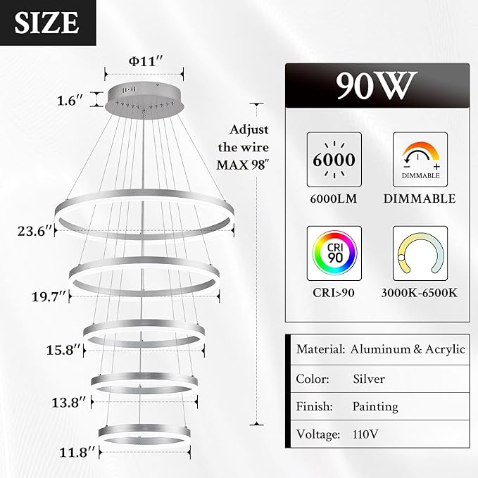 Modern LED Chandelier for Foyer Dimmable Silver High Ceiling Chandeliers Foyer with Remote Control for Entryway Dining Room Living Room Staircase, 3000K-6500K(5-Rings D23.6’’)