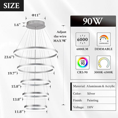 Modern LED Chandelier for Foyer Dimmable Silver High Ceiling Chandeliers Foyer with Remote Control for Entryway Dining Room Living Room Staircase, 3000K-6500K(5-Rings D23.6’’)