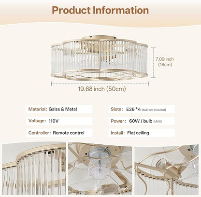 20" Gold Ceiling Fans with Lights Flush Mount, Gold Crystal Ceiling Fan with Light Remote Control, Mid-Century 6 Speeds for Bedroom, Living Room, Nursery