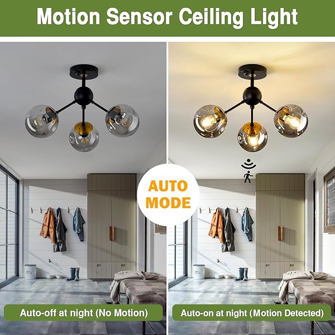Motion Sensor Light Indoor 3-Light Vintage Semi Flush Mount Ceiling Light Fixture with Glass Globe Black Chandelier for Closet Hallway Stairway Porch Entryway