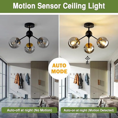 Motion Sensor Light Indoor 3-Light Vintage Semi Flush Mount Ceiling Light Fixture with Glass Globe Black Chandelier for Closet Hallway Stairway Porch Entryway