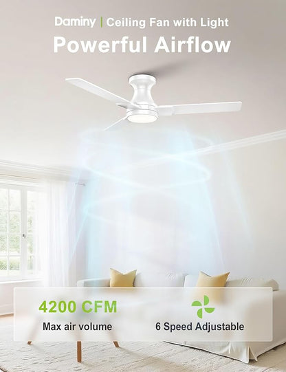 DAMINY 42 inch Ceiling Fans with Lights,3 Blades,6CCT, Low Profile Ceiling Fan with Light and Remote Control,Ceiling Fan for Bedroom, Kitchen,Indoor/Outdoor Use,Flush Mount-White