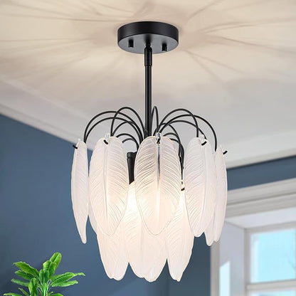 LumFurn D12 inch Glass Chandeliers, 3-Light Modern Pendant Light Fixture for Dining Room, Living Room, D12x18~47 Inch (Adjustable Height), Frosted Glass Feather Shade & Matte Black Finish Frame