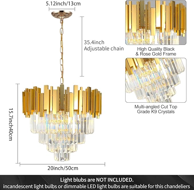 Luxury Gold Crystal Chandelier, W50cm Modern Round Ceiling Hanging Light Adjustable Chain & Dimmable Light Fixture for Dining Living Room Kitchen Island Foyer 7Lights