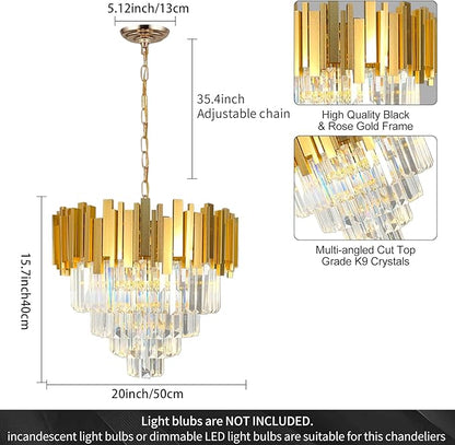 Luxury Gold Crystal Chandelier, W50cm Modern Round Ceiling Hanging Light Adjustable Chain & Dimmable Light Fixture for Dining Living Room Kitchen Island Foyer 7Lights