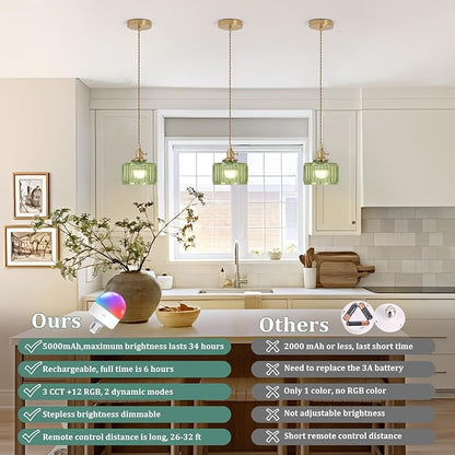 Shenmoyl Battery Operated Pendant Light 5000mAh Rechargeable Chandelier with Remote Control Wireless Adjustable Hanging Green Striped Light for Kitchen Island Dining Room Hallway, 2 Pack