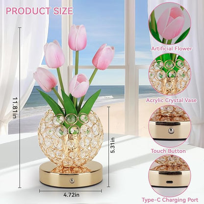 Tulip Table Lamp, Rechargeable Cordless Crystal Night Light, 3 Colors Touch Stepless Dimming Artificial Flower Light, LED Flower Bedside Lamp Romantic Gifts for Girl Women Mom (Tulip2 - Pink)