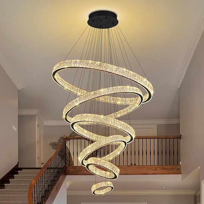 Extra Large 6 Ring Crystal Chandelier Modern LED Long Crystal Chandelier for High Ceiling Height Adjustable Black D8+15.7"+23.6"+31.5"+39.4"+47.5" Dimmable 2700K-6000K