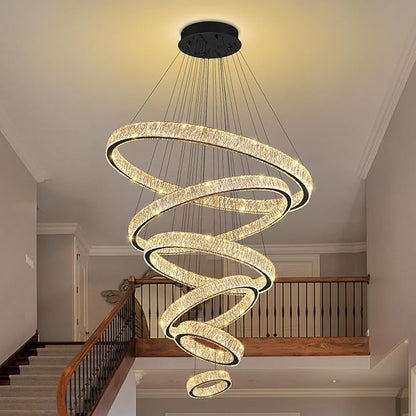 Extra Large 6 Ring Crystal Chandelier Modern LED Long Crystal Chandelier for High Ceiling Height Adjustable Black D8+15.7"+23.6"+31.5"+39.4"+47.5" Dimmable 2700K-6000K