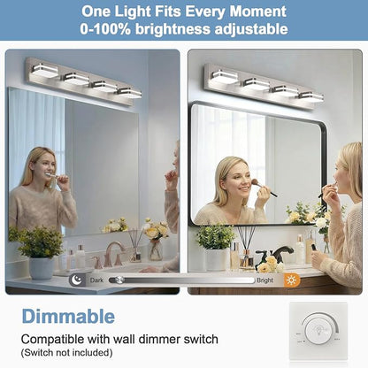 360° Rotate LED Dimmable Bathroom Vanity Light Fixtures, 1600LM Acrylic Brushed Nickel Vanity Lights for Bathroom, Modern Wall Lighting Fixtures Over Mirror Kitchen Hallway (Natural White Light 5000K)