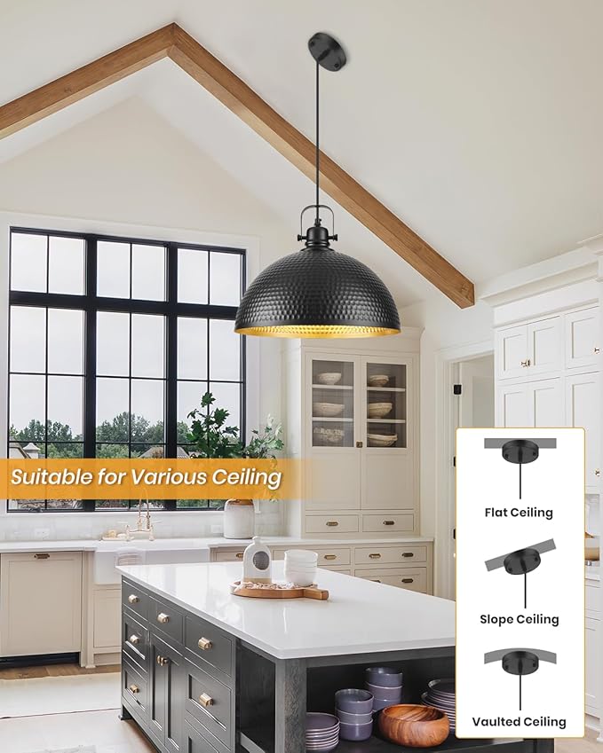 16 Inch Black Hammered Pendant Light 2 Pack, Vintage Pendant Lights Kitchen Island Adjustable Height, Large Dome Pendant Light Fixtures for Kitchen, Dining Room, Bedroom,Bar