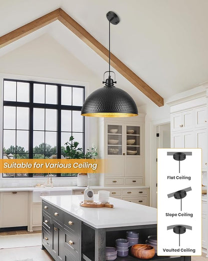 16 Inch Black and Gold Pendant Light Fixtures, Large Hammered Pendant Lights Kitchen Island, Vintage Dome Pendant Light for Kitchen, Dining Room, Bedroom,Bar
