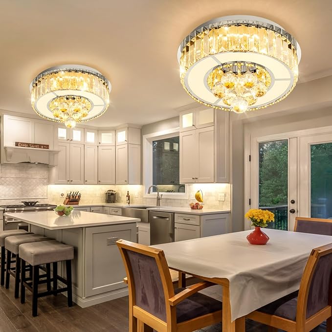 11.8" Silver Modern Crystal Chandeliers for Dining Room LED Dimmable Light Fixtures Flush Mount Light Living Room Bedrooms