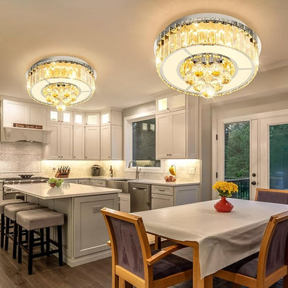 11.8" Silver Modern Crystal Chandeliers for Dining Room LED Dimmable Light Fixtures Flush Mount Light Living Room Bedrooms