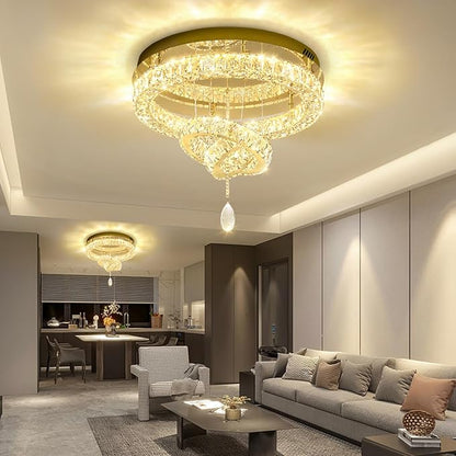 Flashing God Modern Crystal Chandelier Bedroom Chandeliers Flush Mount Ceiling Chandelier Light Fixture for Dining Room Entrance LED Dimmable Gold Ring Chandeliers