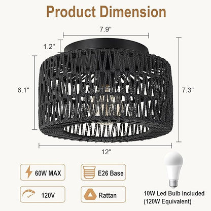 SineRise Rattan Ceiling Light Fixtures (12-Inch, LED Bulb Included), Hand-Woven Boho Flush Mount Ceiling Light, Rattan Chandelier for Hallway Kitchen Farmhouse Foyer Entryway Living Room(Black)