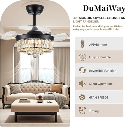 DuMaiWay 30" Chandelier Ceiling Fan with Light Crystal Fandelier Modern Reversible Ceiling Fan Dimmable Retractable Timer Remote APP Control for Dining Living Room Bedroom Black