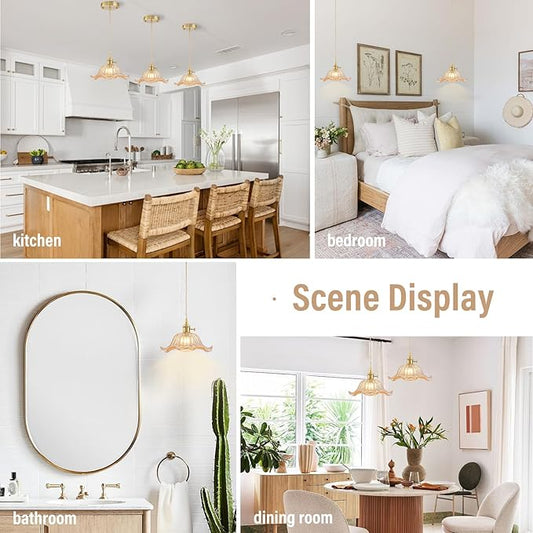 Vintage Pendant Lights Kitchen Island 2 Pack, Adjustable Pendant Light Fixtures with Amber Lily Glass Lampshade, Gold Kitchen Pendant Lighting Over Island, Pendant Light for Dining Room Hallway