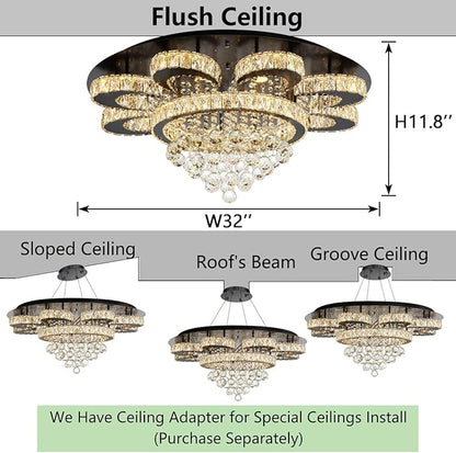 HAIXIANG Modern Chandelier Living Room Glam Chandeliers Ceiling Light Fixture Remote Dimmable Lights 32 Inches Luxury Crystal Black Light