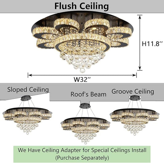 HAIXIANG Modern Chandelier Living Room Glam Chandeliers Ceiling Light Fixture Remote Dimmable Lights 32 Inches Luxury Crystal Black Light