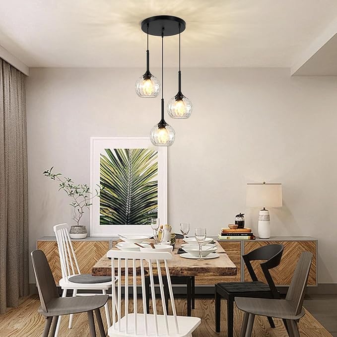 3 Light Pendant Lighting: 5.91'' Glass Pendant Lights Kitchen Island with Hammered Glass & Black Finish - Modern Minimalist Hanging Light Fixture for Kitchen Sink Dining Room - E26 Base