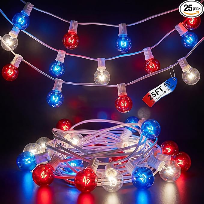 4th of July String Lights 25FT, 27 Incandescent G40 Red White Blue Bulbs (2 Spare), Waterproof Connectable Outdoor Patio Lights for Party Garden Decor