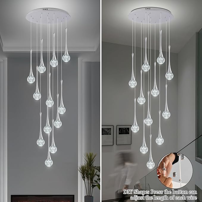 Modern Chrome Crystal Chandelier for High Ceiling 12-Lights, 120 Inches Luxury Spiral Dimmable LED Bubble Raindrop Pendant Lighting Fixture for Staircase Foyer Entryway Living Room