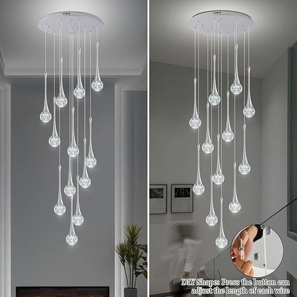 Modern Chrome Crystal Chandelier for High Ceiling 12-Lights, 120 Inches Luxury Spiral Dimmable LED Bubble Raindrop Pendant Lighting Fixture for Staircase Foyer Entryway Living Room